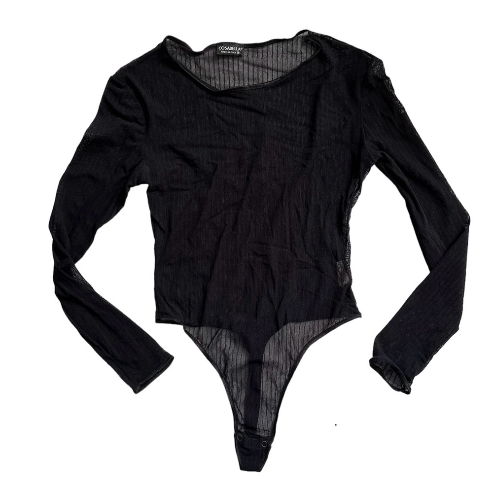 Cosabella Black Sheer Mesh Long Sleeve Thong Bodysuit Small